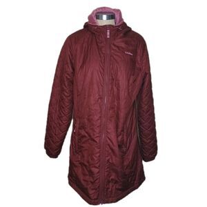 LL BEAN Parka Coat Fleece Lined Primaloft Quilted W/Hood Women's SZ XL Maroon